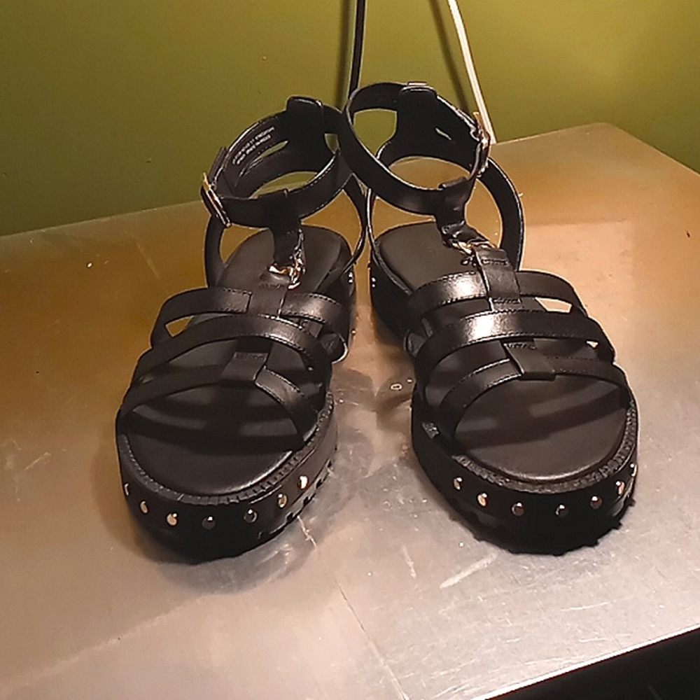 ASOS fresham leather Chucky flat sandals fisherman style with gold chain accent